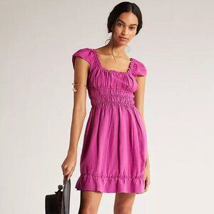 Anthropologie Sz S NWT Linen Blend Magenta Smocked Waist Mini‎ Dress Milkmaid